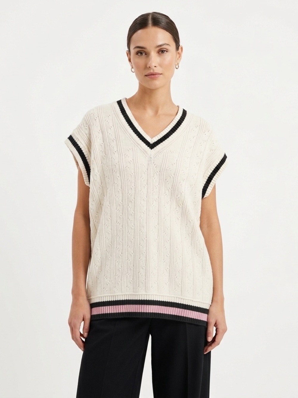 Free People Women Sweater Vest Cable Knit Striped Trim Small Oversized